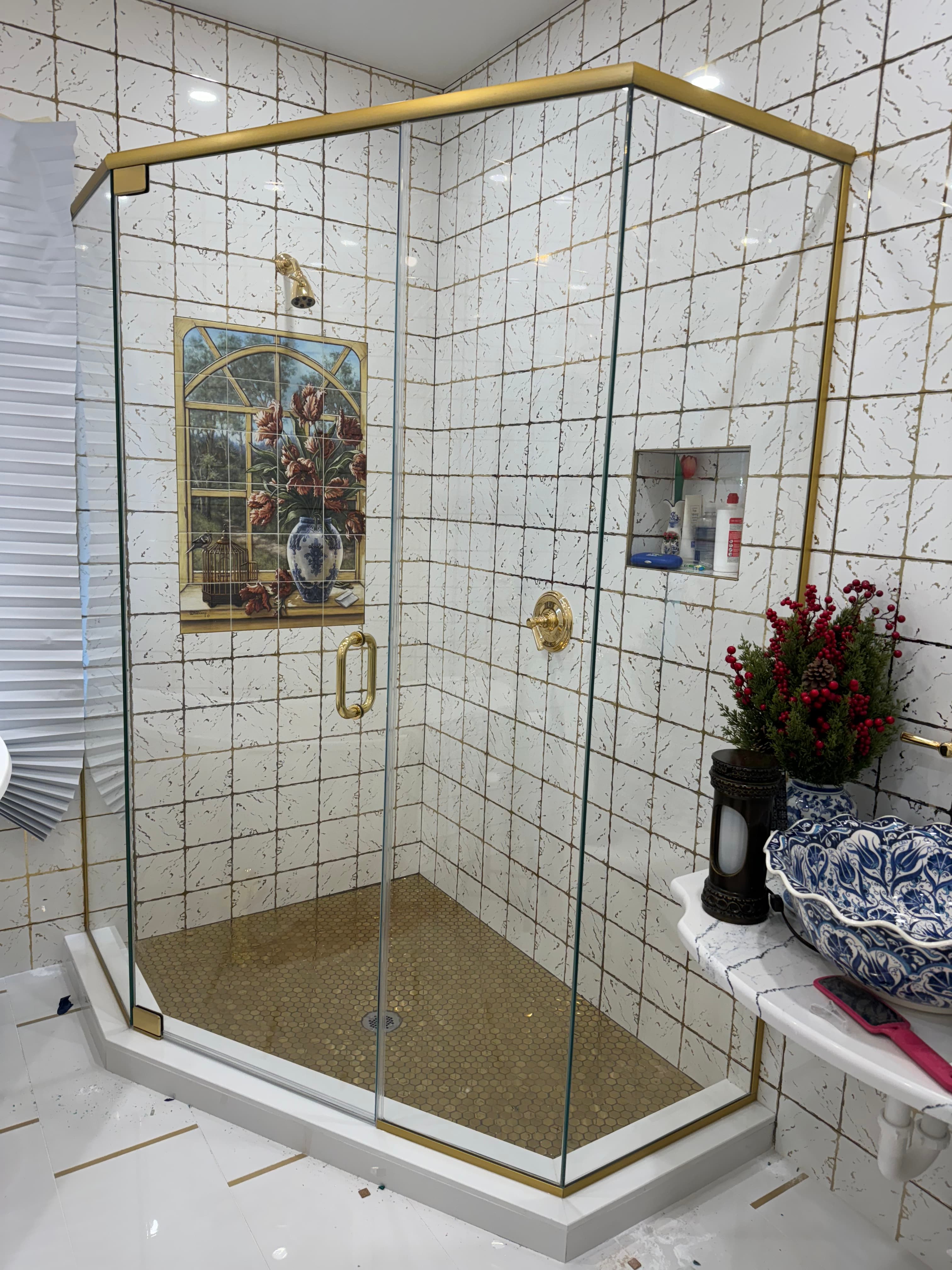Neo-Angle shower door installation in Brooklyn